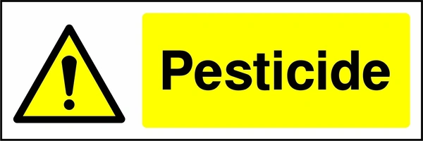 Pesticide sign with yellow triangular exclamation mark pictogram beside wording. Artwork CHEM0033.