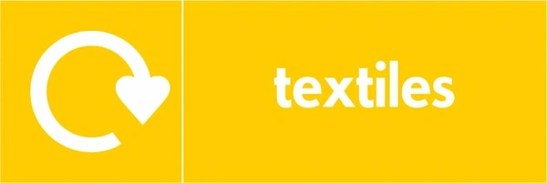 Textiles recycling sign showing white recycling arrow and wording on a yellow letterbox panel. Artwork TEXT0004.