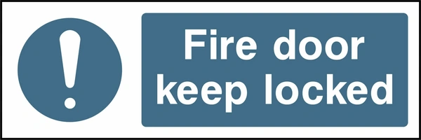 Fire door keep locked sign showing blue exclamation pictogram beside wording. Artwork FPRV0038.