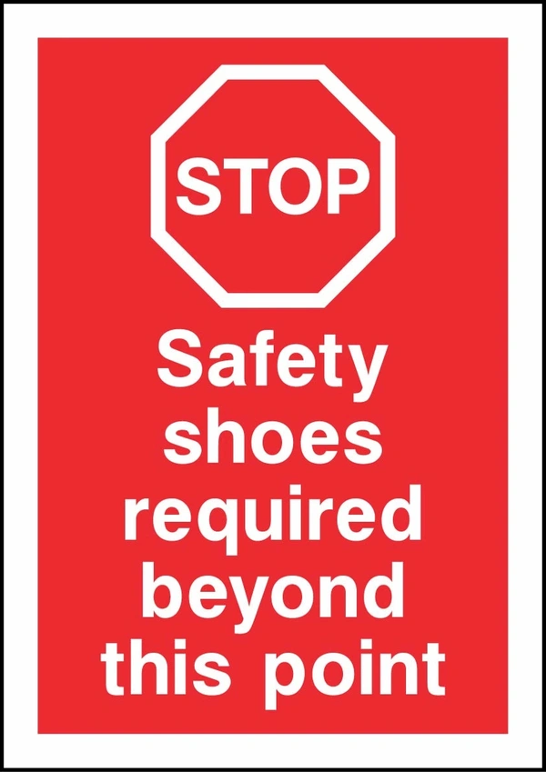 STOP — Safety shoes required beyond this point sign showing red STOP panel with protective-equipment wording. Artwork PROT0015.