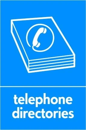 Telephone directories recycling sign showing white material illustration and wording on a blue portrait panel. Artwork PAPE0038.
