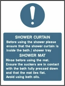 Shower curtain and shower mat instructions sign. Original hotel notice artwork HOTE0018.