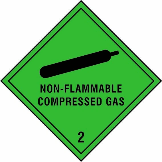 Non-flammable compressed gas — 2 sign showing diamond-shaped dangerous-substance symbol with supplied colours and markings. Artwork DANG0012.