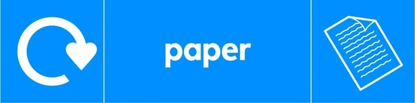 Paper recycling sign showing white recycling arrow and material illustration and wording on a blue letterbox panel. Artwork PAPE0022.