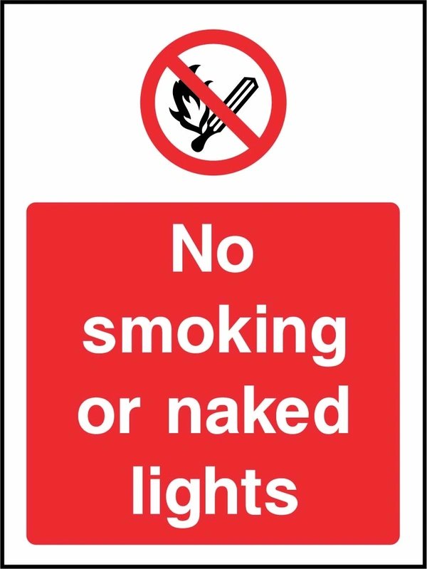 No smoking or naked lights sign. red prohibition pictogram above a red wording panel. Artwork SMOK0054.