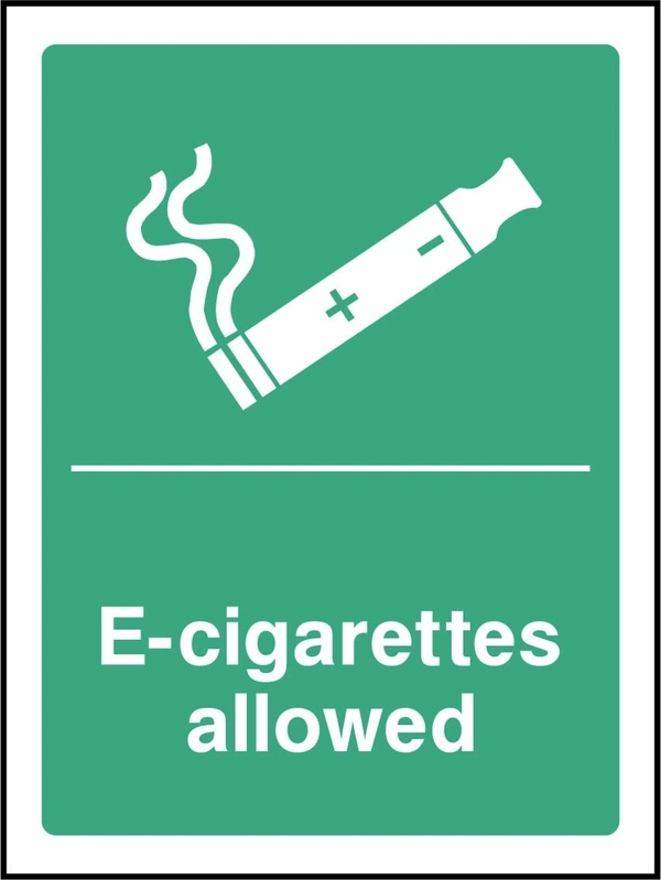 E-cigarettes allowed sign. green smoking or vaping pictogram and wording panel. Artwork SMOK0088.