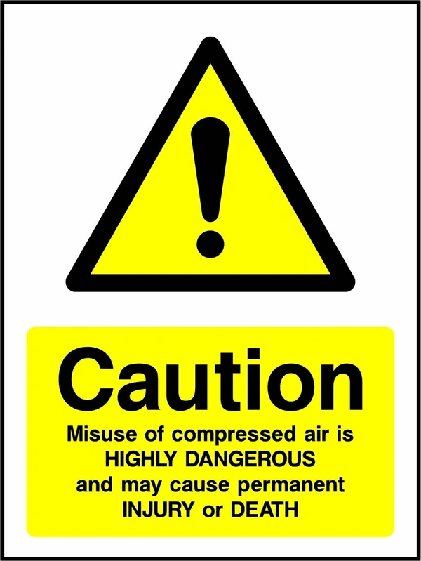 Caution — Misuse of compressed air is highly dangerous and may cause permanent injury or death sign showing yellow exclamation warning triangle above wording. Artwork MACH0034.