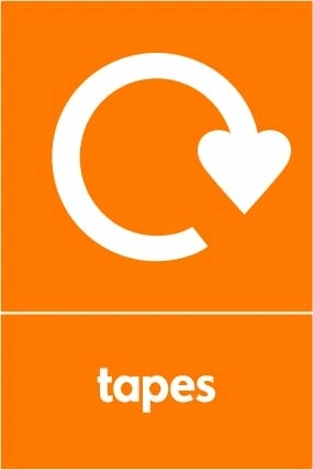 Tapes collection-point artwork with a white recycling arrow and wording on orange. OTHE0049.