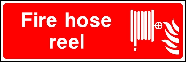 Fire hose reel sign showing hose reel and flame pictograms beside wording. Artwork FEQP0029.