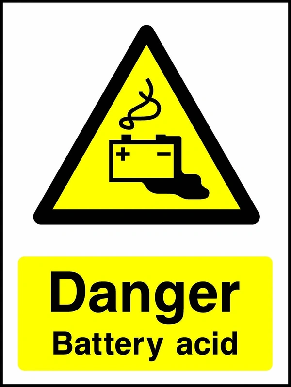 Danger — Battery acid sign with yellow triangular battery acid pictogram above wording. Artwork CHEM0054.