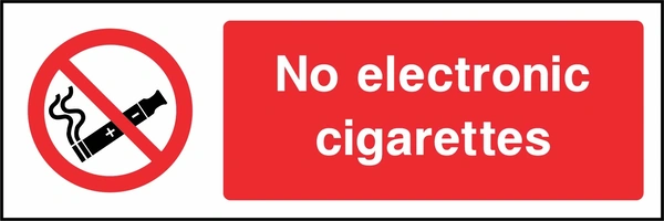 No electronic cigarettes sign. red cigarette or naked-flame prohibition pictogram beside a red wording panel. Artwork SMOK0041.