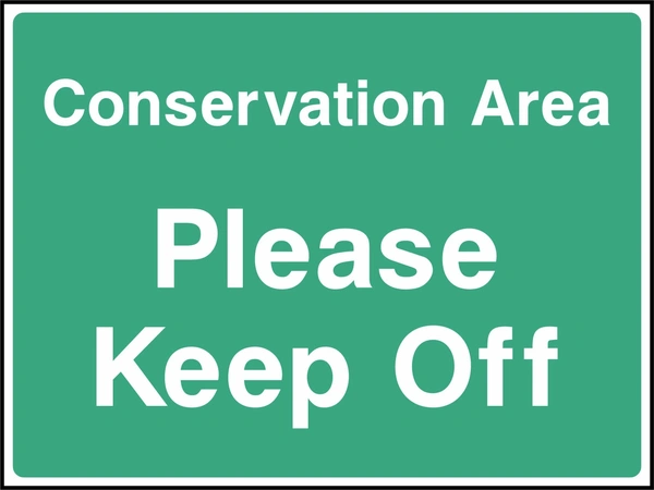 Conservation Area — Please keep off sign showing white wording on a green panel. Artwork COUN0092.