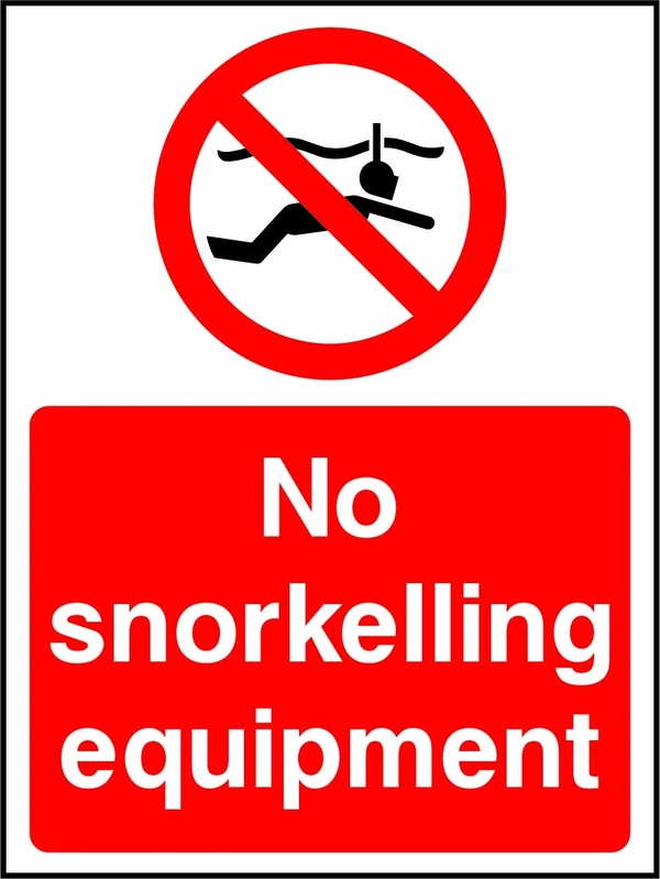 No snorkelling equipment sign showing a red prohibition pictogram above the printed instruction. Artwork WATE0002.