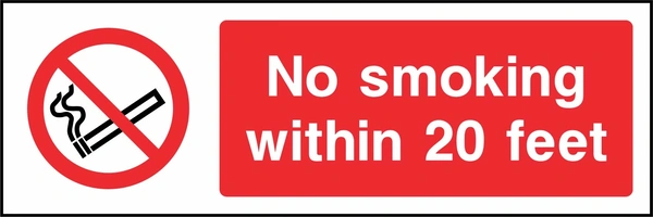 No smoking within 20 feet sign. red cigarette or naked-flame prohibition pictogram beside a red wording panel. Artwork SMOK0019.
