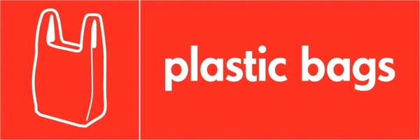 Plastic bags recycling sign showing white plastic illustration and wording on a red letterbox panel. Artwork PLAS0007.