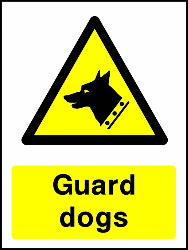 Guard dogs sign showing yellow animal warning triangle above wording. Artwork COUN0001.