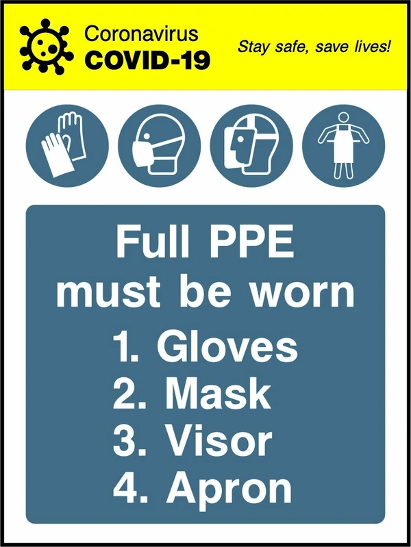 Full PPE must be worn — Gloves, mask, visor, apron. the blue instruction panel, symbols and any yellow header shown. Artwork COVI0049.