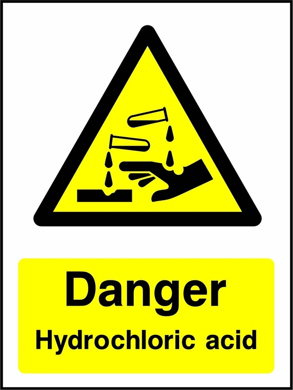 Danger — Hydrochloric acid sign with yellow triangular corrosion pictogram above wording. Artwork CHEM0047.