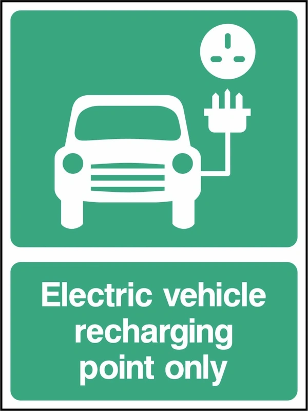 Electric vehicle recharging point only sign. green-and-white electric vehicle parking pictogram and wording. Supplied artwork PARK0086.