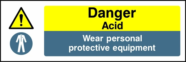 Danger — Acid — Wear personal protective equipment sign with combined yellow warning and blue mandatory instruction panels. Artwork CHEM0093.