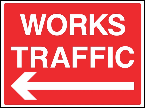 White lettering with a large left-pointing arrow on a red background with WORKS TRAFFIC wording. CONS0075 artwork.