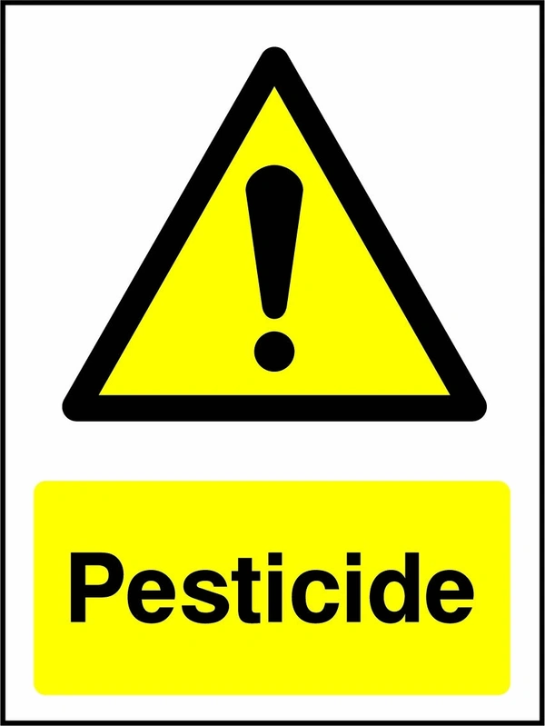 Pesticide sign with yellow triangular exclamation mark pictogram above wording. Artwork CHEM0077.