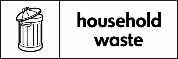 Household waste waste sign showing black bin illustration and wording on a white letterbox panel. Artwork WAST0001.