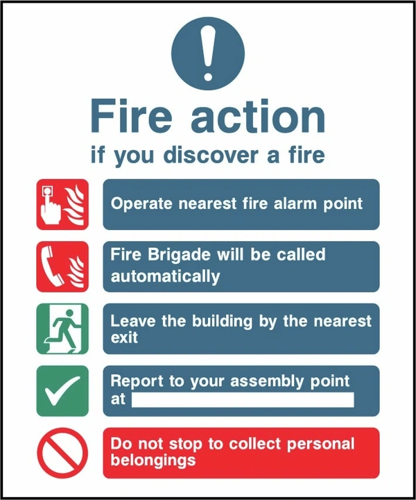 Fire action — If you discover a fire printed notice with the original action instructions and layout. Artwork FACT0011.