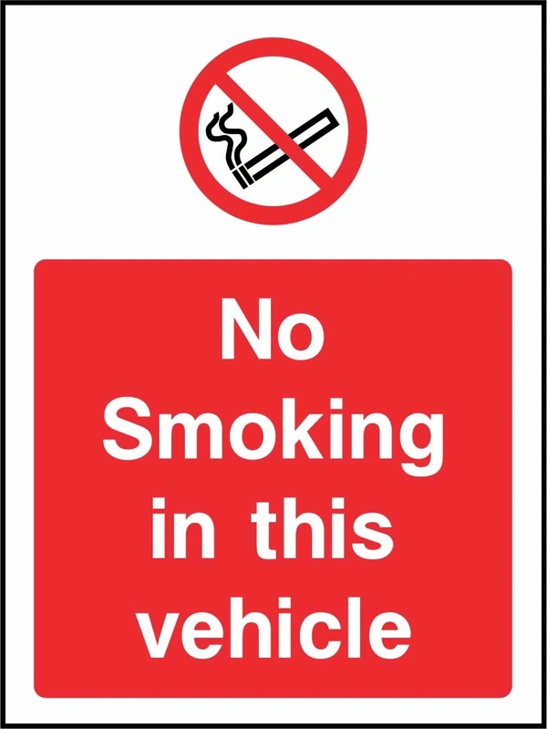 No Smoking in this vehicle sign. red prohibition pictogram above a red wording panel. Artwork SMOK0055.