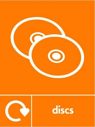 Discs collection-point artwork with a white recycling arrow, item illustration and wording on orange. OTHE0034.