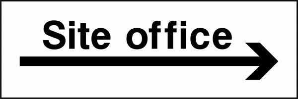 Black and white letterbox sign with Site office wording and a large arrow pointing right. CONS0063 artwork.