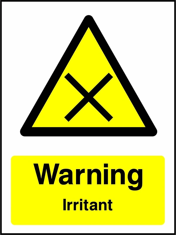Warning — Irritant sign with yellow triangular black cross pictogram above wording. Artwork CHEM0062.