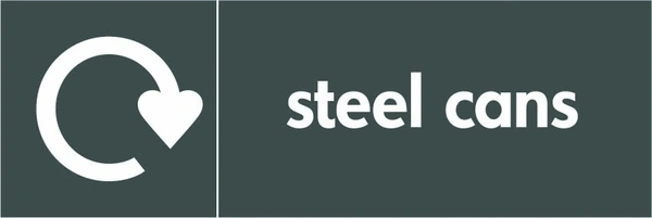 Steel cans recycling sign showing white recycling arrow and wording on a dark grey letterbox panel. Artwork META0010.