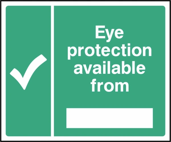 Eye protection available from sign showing tick symbol and blank location panel. Artwork FAID0047.