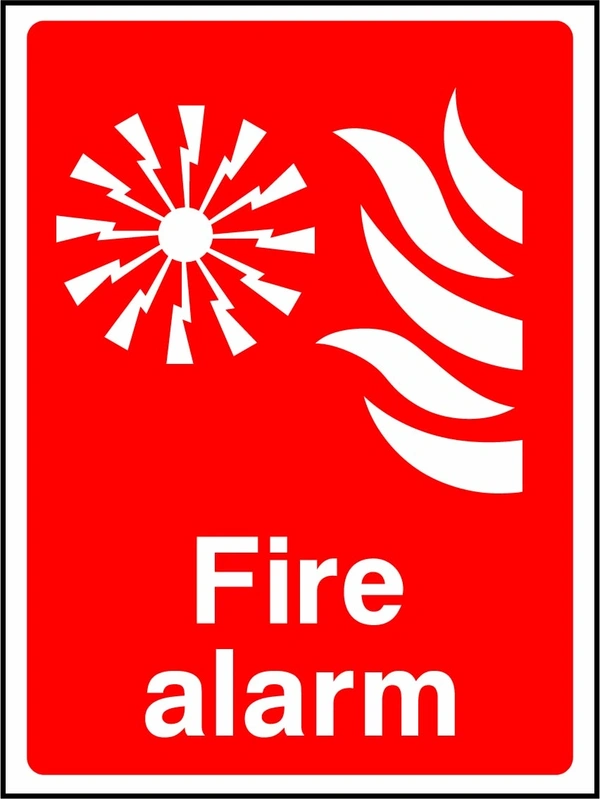 Fire alarm sign showing radiating alarm and flame pictograms. Artwork FEQP0012.