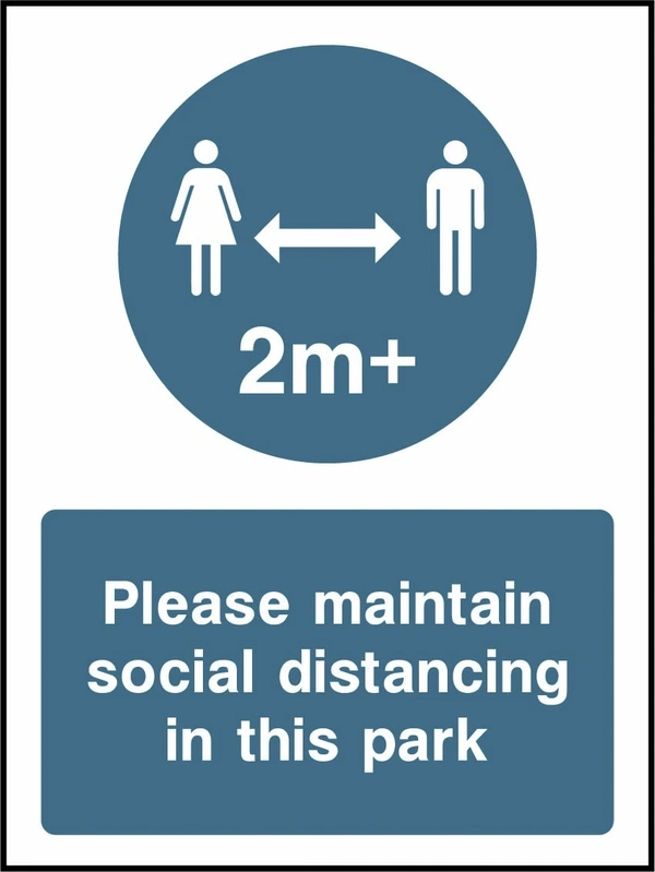 Please maintain social distancing in this park — 2m+. the blue instruction panel, symbols and any yellow header shown. Artwork COVI0008.