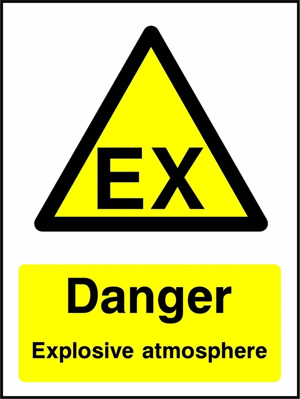 Danger — Explosive atmosphere sign with yellow triangular EX atmosphere pictogram above wording. Artwork CHEM0082.