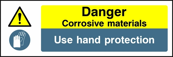 Danger — Corrosive materials — Use hand protection sign with combined yellow warning and blue mandatory instruction panels. Artwork CHEM0094.