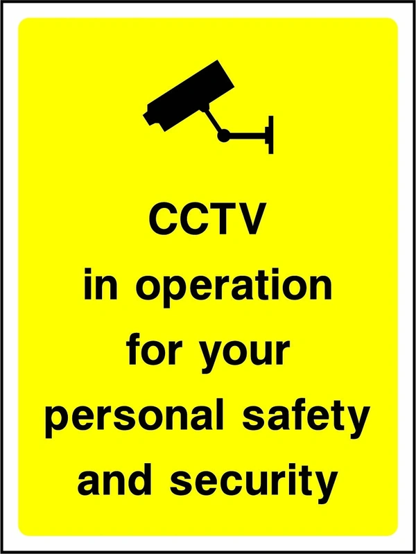 CCTV in operation for your personal safety and security sign. black CCTV camera pictogram and wording on a yellow panel. Artwork SECU0009.