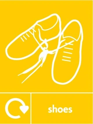 Shoes recycling sign showing white recycling arrow and textile illustration and wording on a yellow portrait panel. Artwork TEXT0023.