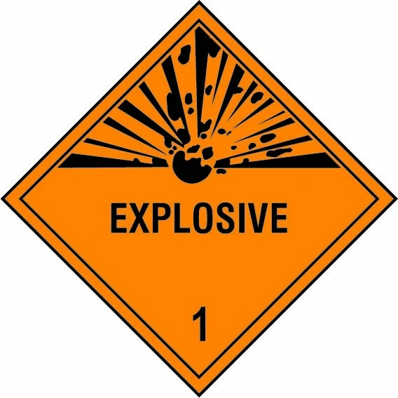 Explosive — 1 sign showing diamond-shaped dangerous-substance symbol with supplied colours and markings. Artwork DANG0031.