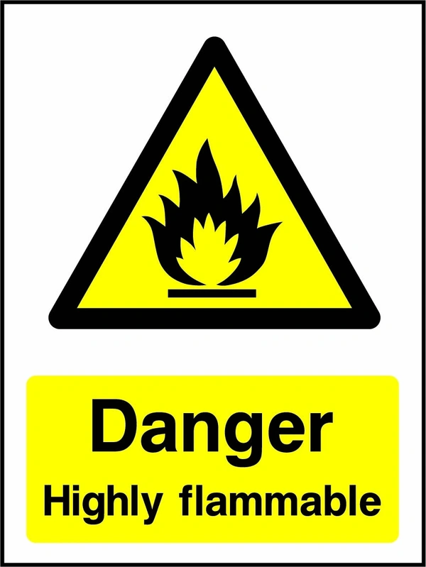 Danger — Highly flammable sign with yellow triangular flame pictogram above wording. Artwork CHEM0083.