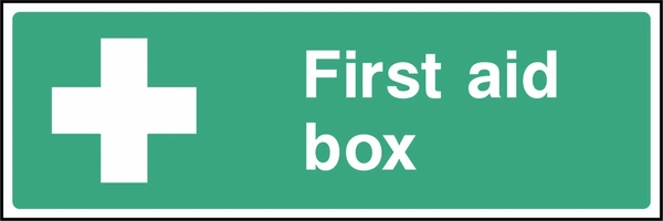 First aid box sign showing white cross and equipment identification. Artwork FAID0032.