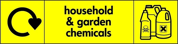 Household & garden chemicals sign showing black pictogram and wording on a yellow panel with a circular recycling arrow. Artwork HAZA0003.