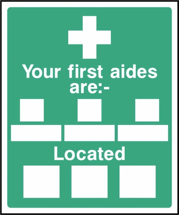 Your first aides are — Located sign showing blank contact and location panels. Artwork FAID0009.