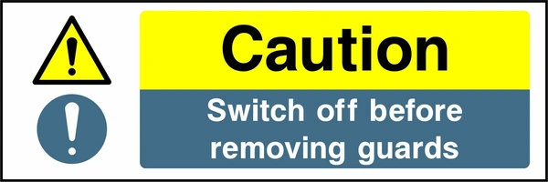 Caution — Switch off before removing guards. Stacked message panels. Artwork MULT0007.