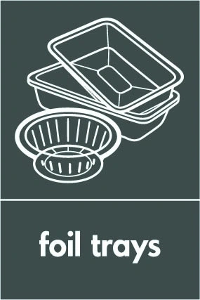 Foil trays recycling sign showing white material illustration and wording on a dark grey portrait panel. Artwork META0046.