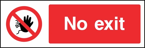 No exit sign showing red raised-hand prohibition symbol beside wording. Artwork ACCE0008.