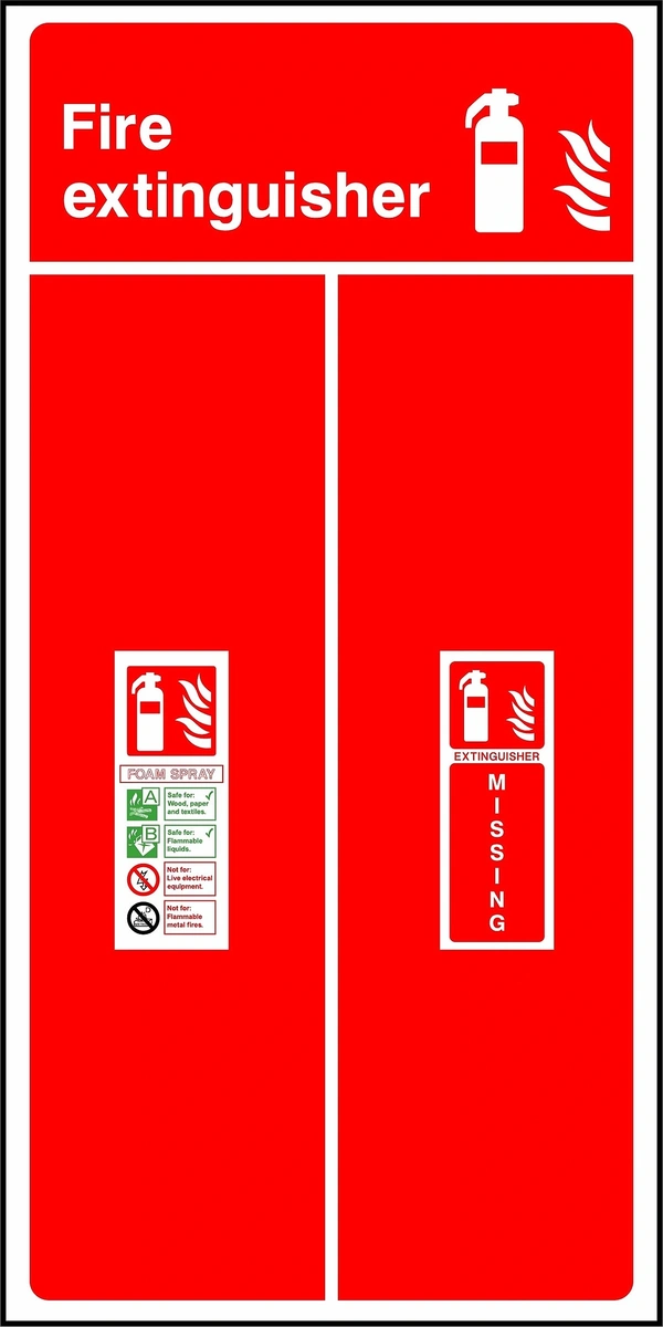 Fire extinguisher — FOAM SPRAY — EXTINGUISHER MISSING sign showing collated foam spray identification and missing-equipment panels. Artwork FEQP0063.