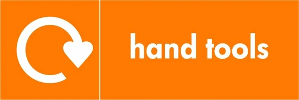 Hand tools collection-point artwork with a white recycling arrow and wording on orange. OTHE0006.